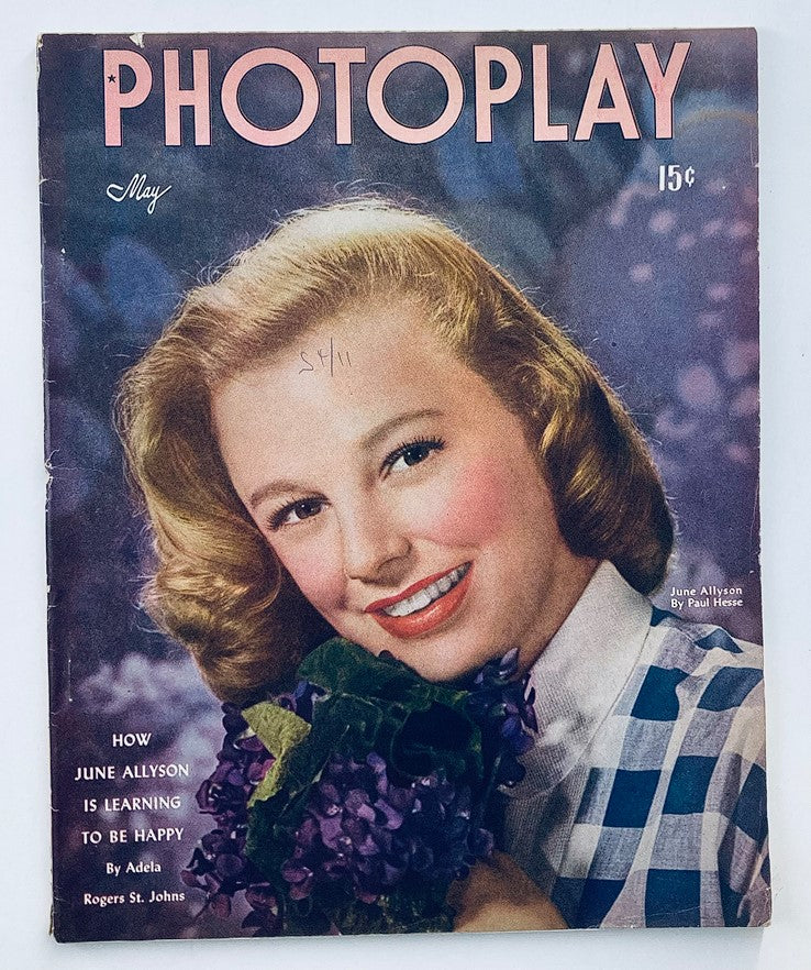 Cover of VTG Photoplay Magazine May 1947 featuring June Allyson promoting her film 'High Barbaree', highlighting classic Hollywood glamor.
