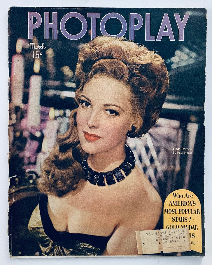 Cover of the March 1948 Photoplay Magazine featuring Linda Darnell, showcasing mid-20th century Hollywood glamour and style, part of Vol 32 #4.