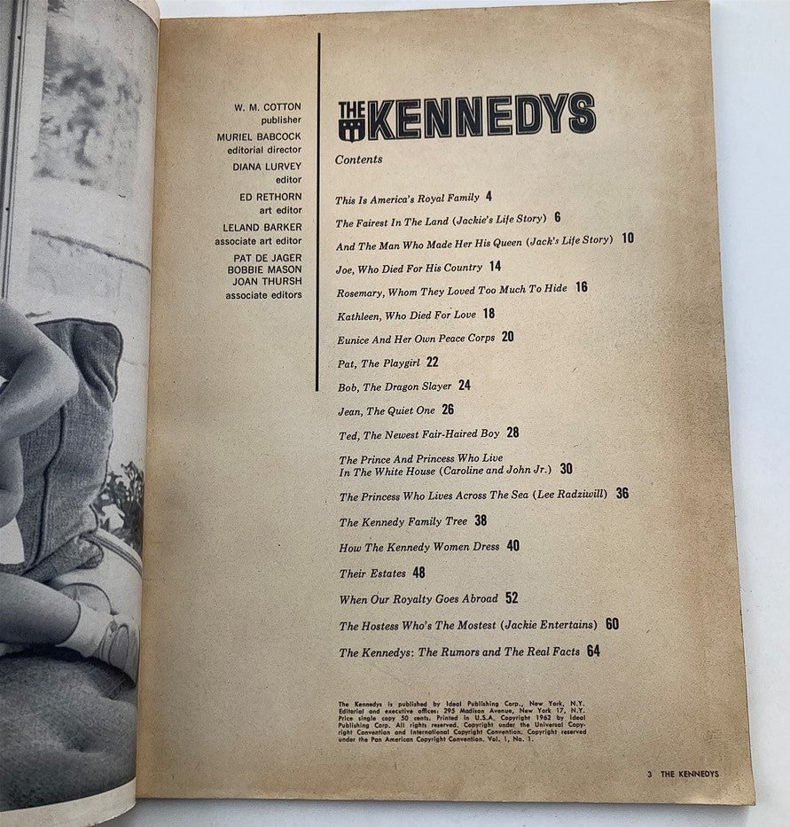 Inside page of VTG The Kennedys Magazine 1962, displaying the table of contents that includes sections on the Kennedy family, their stories, and notable events associated with them.
