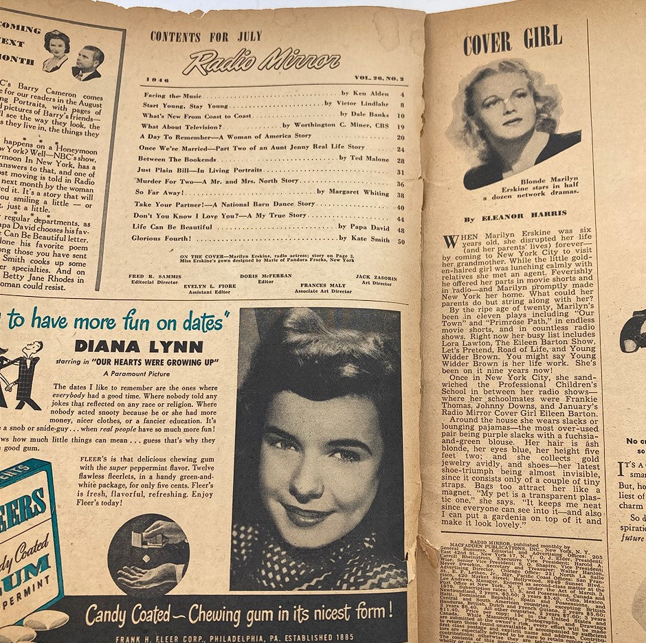 Interior page of VTG Radio Mirror Magazine July 1946 displaying contents and articles, highlighting the cultural significance of the magazine during the post-war era.