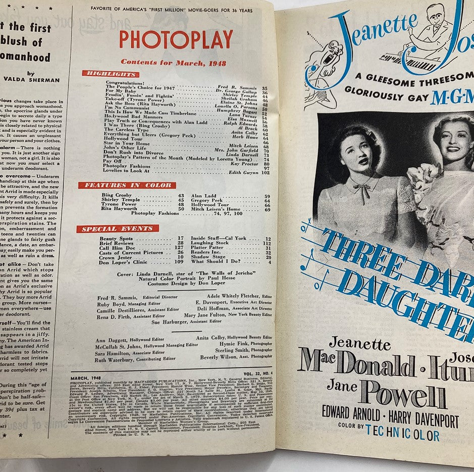 Inside contents page of the March 1948 Photoplay Magazine, listing highlights and features including Linda Darnell's role in 'The Walls of Jericho', from Vol 32 #4.