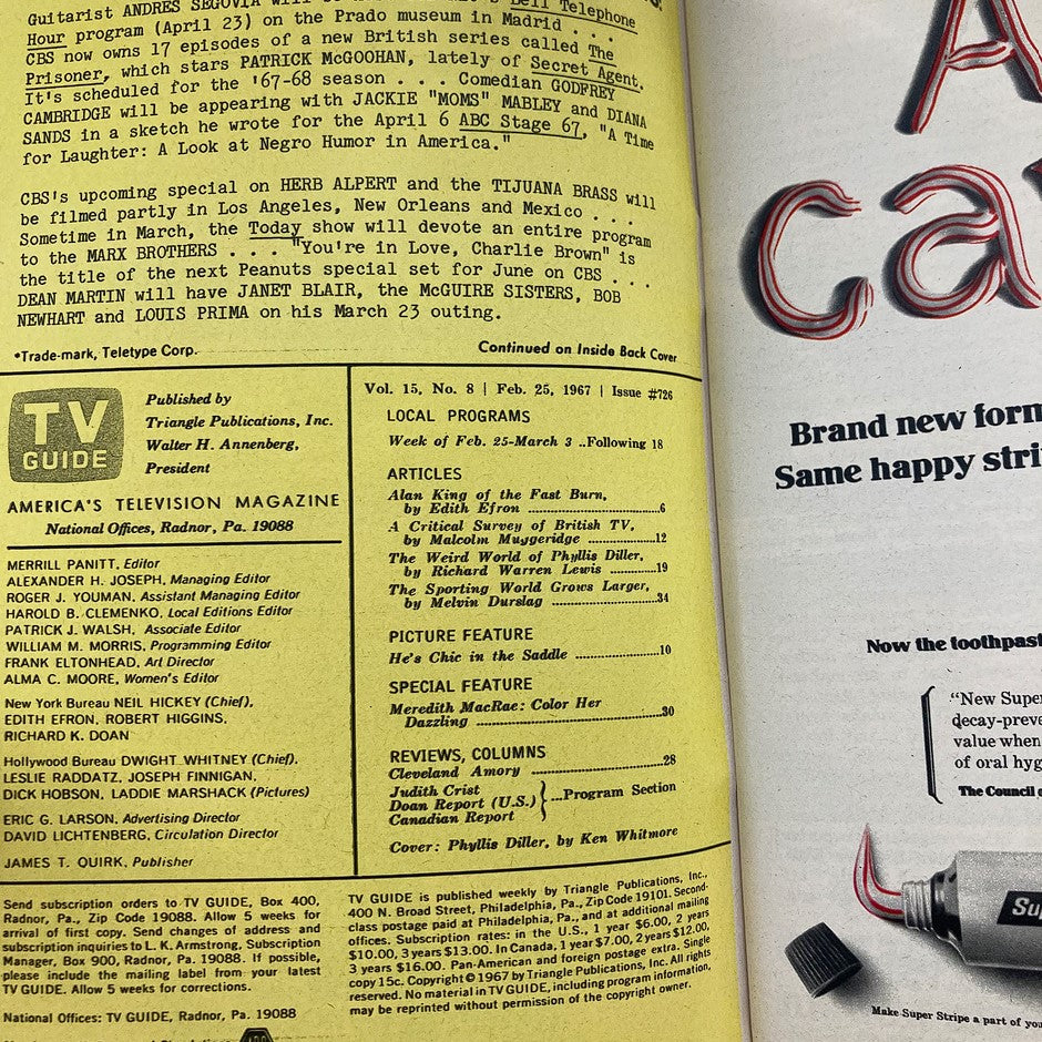 Inside page of the VTG TV Guide Magazine from February 25, 1967 featuring articles, local programs, and listings, highlighting Phyllis Diller and classic television history.