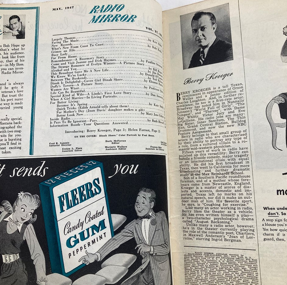 Inside pages of VTG Radio Mirror Magazine May 1947 featuring the contents list and a portrait of Berry Kroeger, showcasing the magazine's vintage appeal.