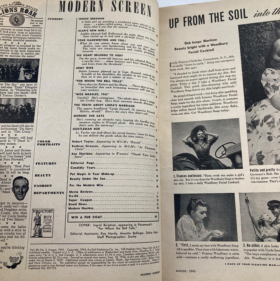 Interior page of VTG Modern Screen Magazine August 1943 Vol 26 #3, displaying articles and images related to classic cinema.