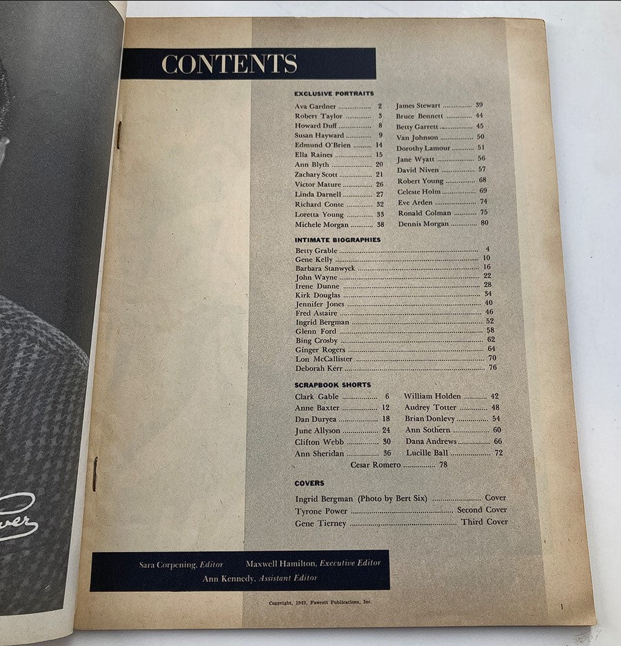 Contents page of VTG Star Album Magazine 1949 No. 5, listing exclusive portraits and biographies of Hollywood stars, including Ingrid Bergman.