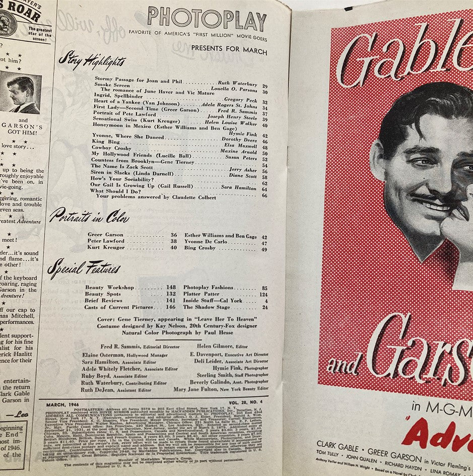Interior page of VTG Photoplay Magazine March 1946, showcasing article highlights and featured portraits of stars, including Gene Tierney.