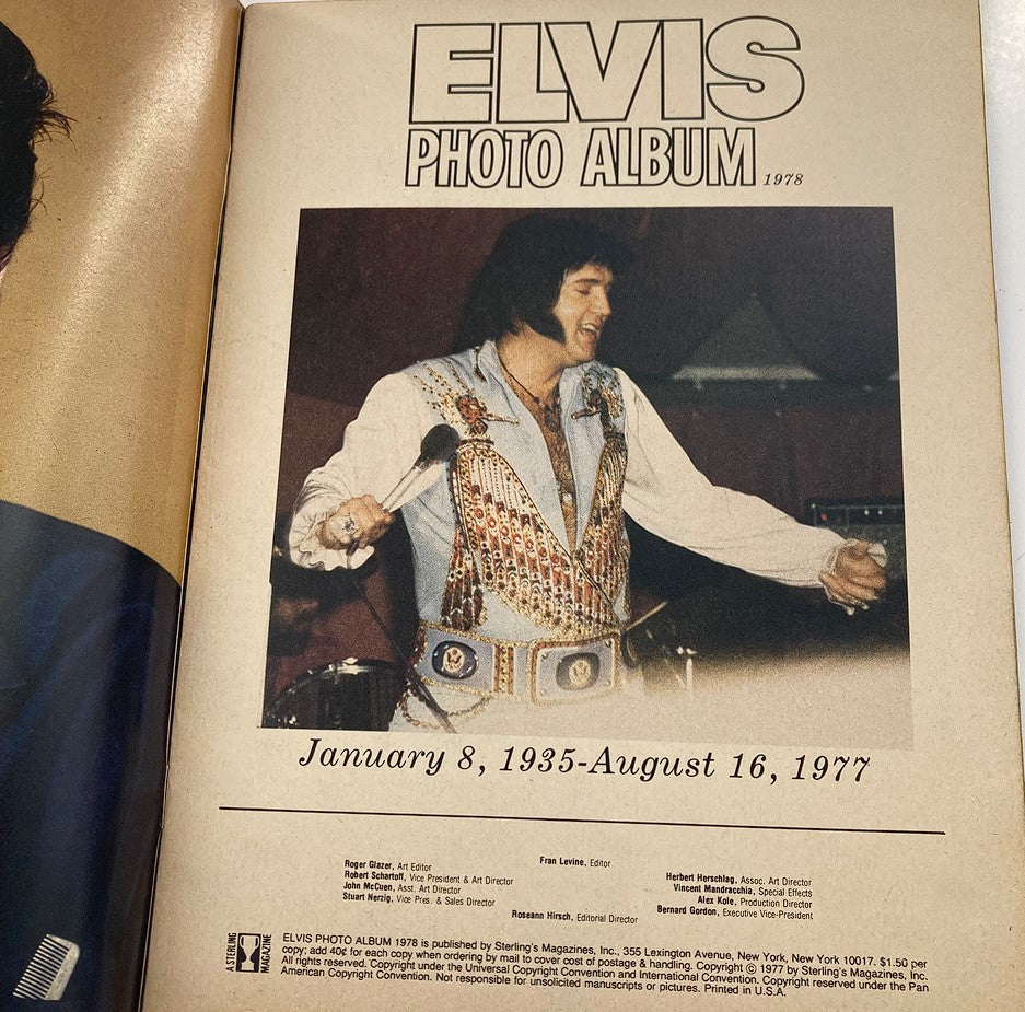 1978 Elvis Presley Photo Album featuring images and details honoring his life from January 8, 1935 to August 16, 1977, showcasing memorabilia and nostalgia.