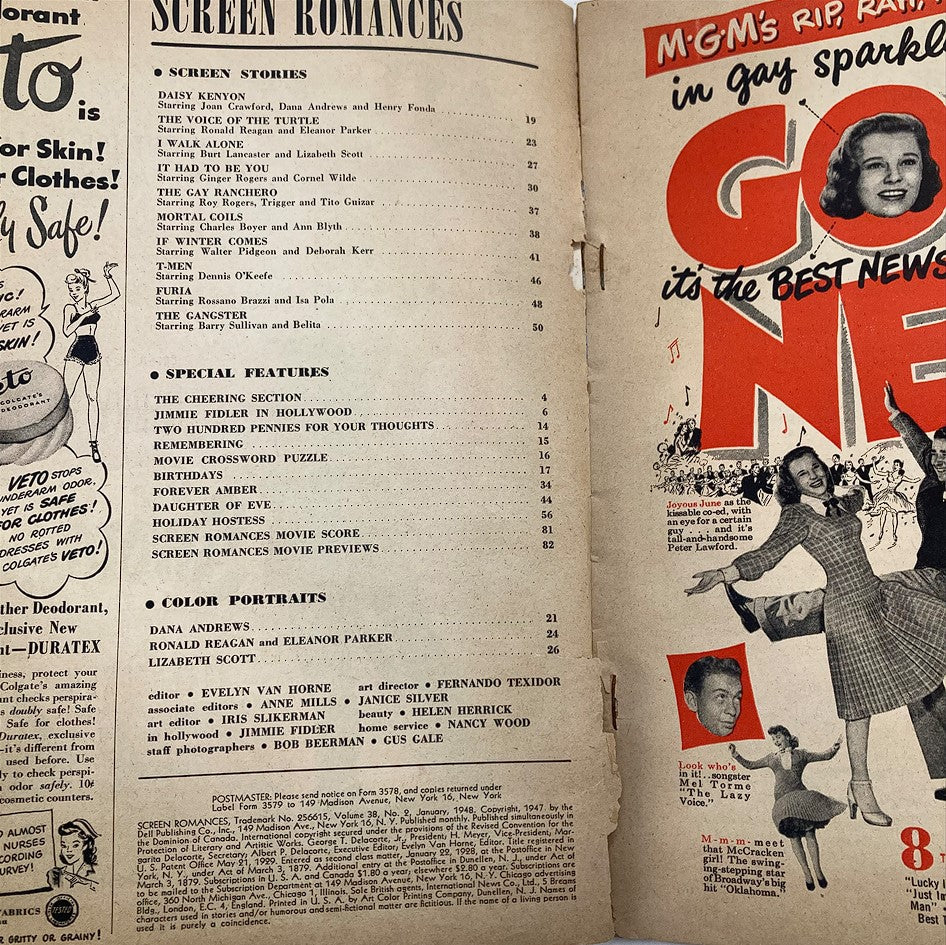 Inside pages of VTG Screen Romances Magazine January 1948 showcasing the contents including articles and features related to classic cinema.