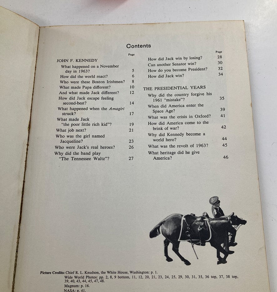 Table of contents from 'The Story of John F. Kennedy' by Earl Schenck Miers, published in 1964, detailing chapters about JFK's life and presidency.