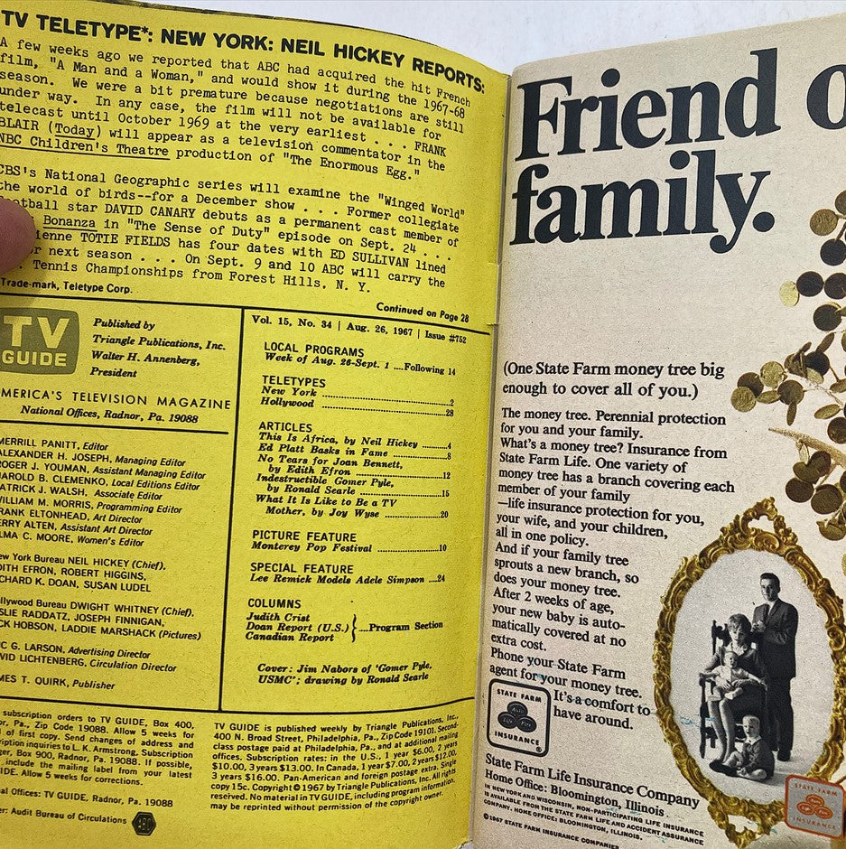Inside page of VTG TV Guide Magazine August 26 1967 Vol 15 #34 displaying program listings and articles, highlighting television history and cultural significance.