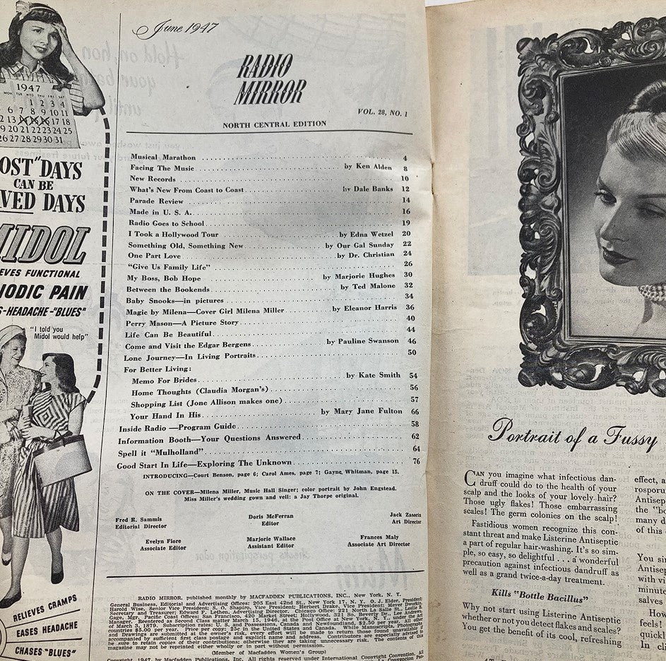 Inside page of VTG Radio Mirror Magazine June 1947 showcasing the table of contents with various articles and features.