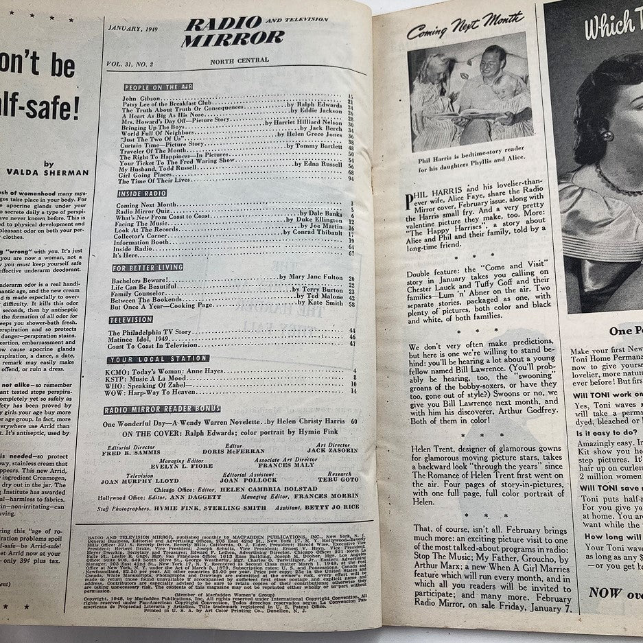 Inside pages of the VTG Radio & Television Mirror Magazine from January 1949, showcasing articles, features, and advertisements related to early television and radio.