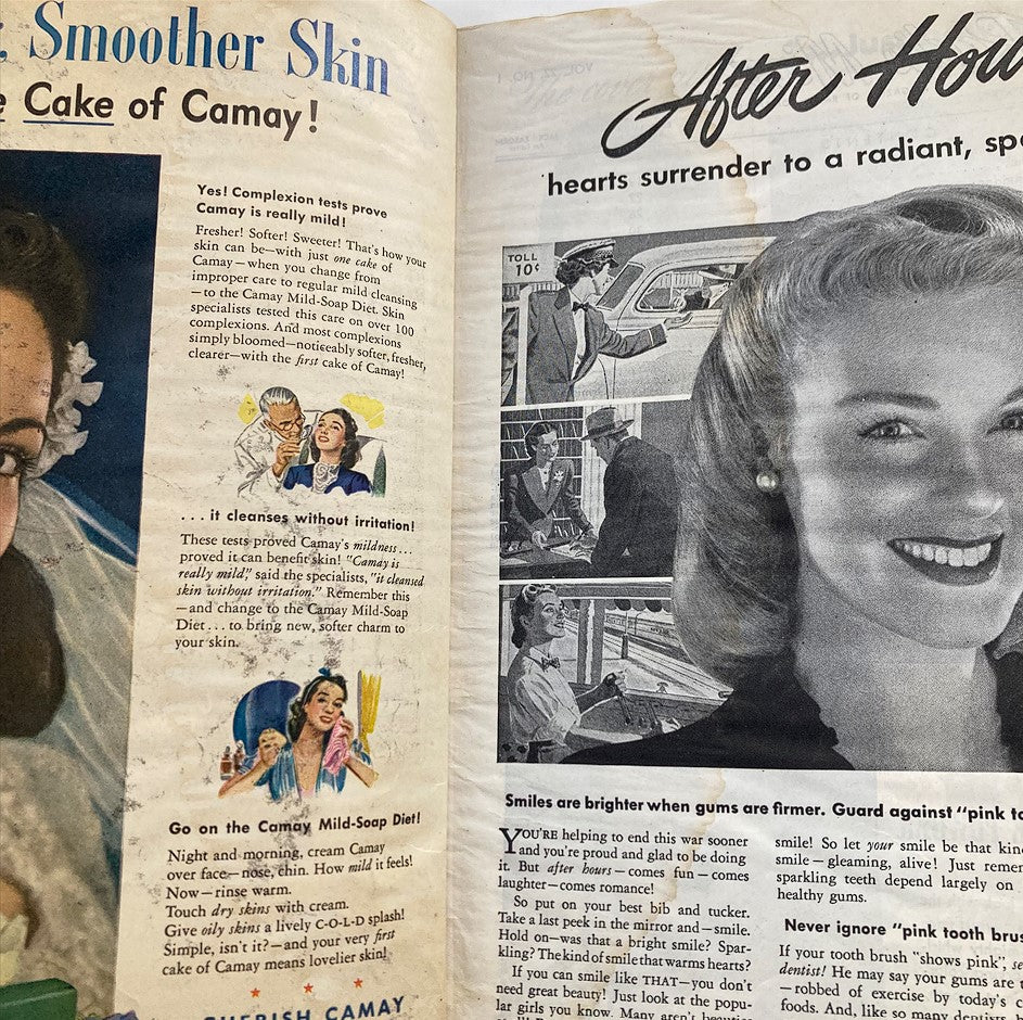 Inside page of VTG Radio Mirror Magazine May 1944, highlighting advertisements and articles from the era, emphasizing vintage pop culture.