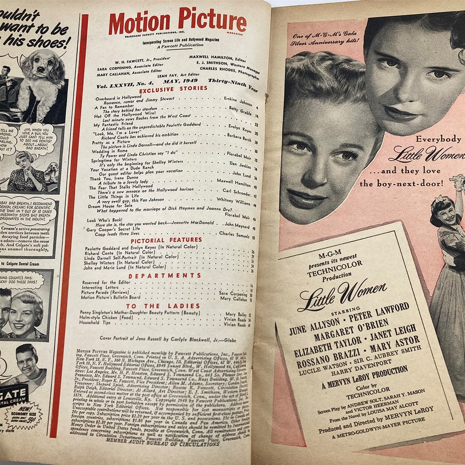 Interior page of VTG Motion Picture Magazine May 1949 displaying contents and advertisements, highlighting iconic films and personalities of the era.