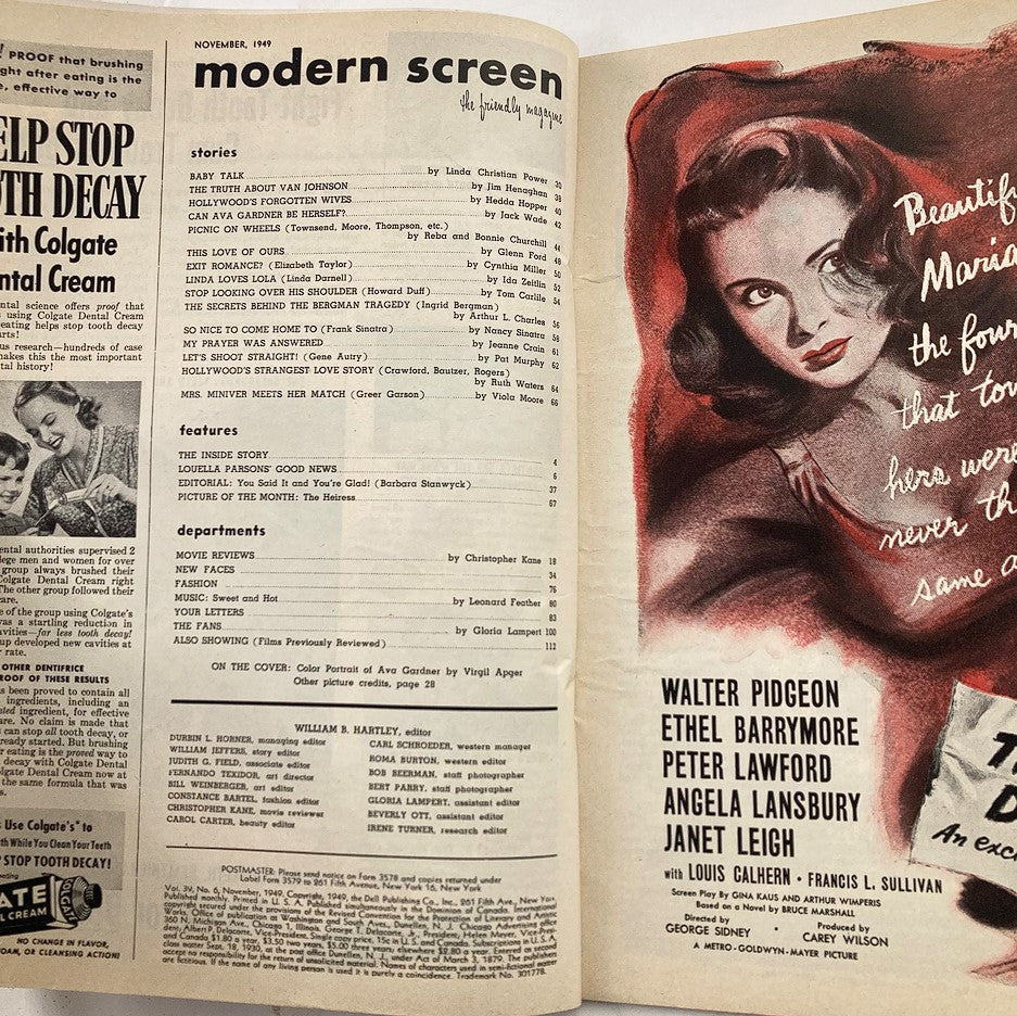 Interior page of VTG Modern Screen Magazine November 1949, listing stories and features, highlighting the cultural context of the time.