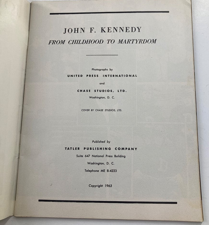 Inside page of the vintage 1963 publication 'From Childhood to Martyrdom', showcasing the credits and publishers related to John F. Kennedy.