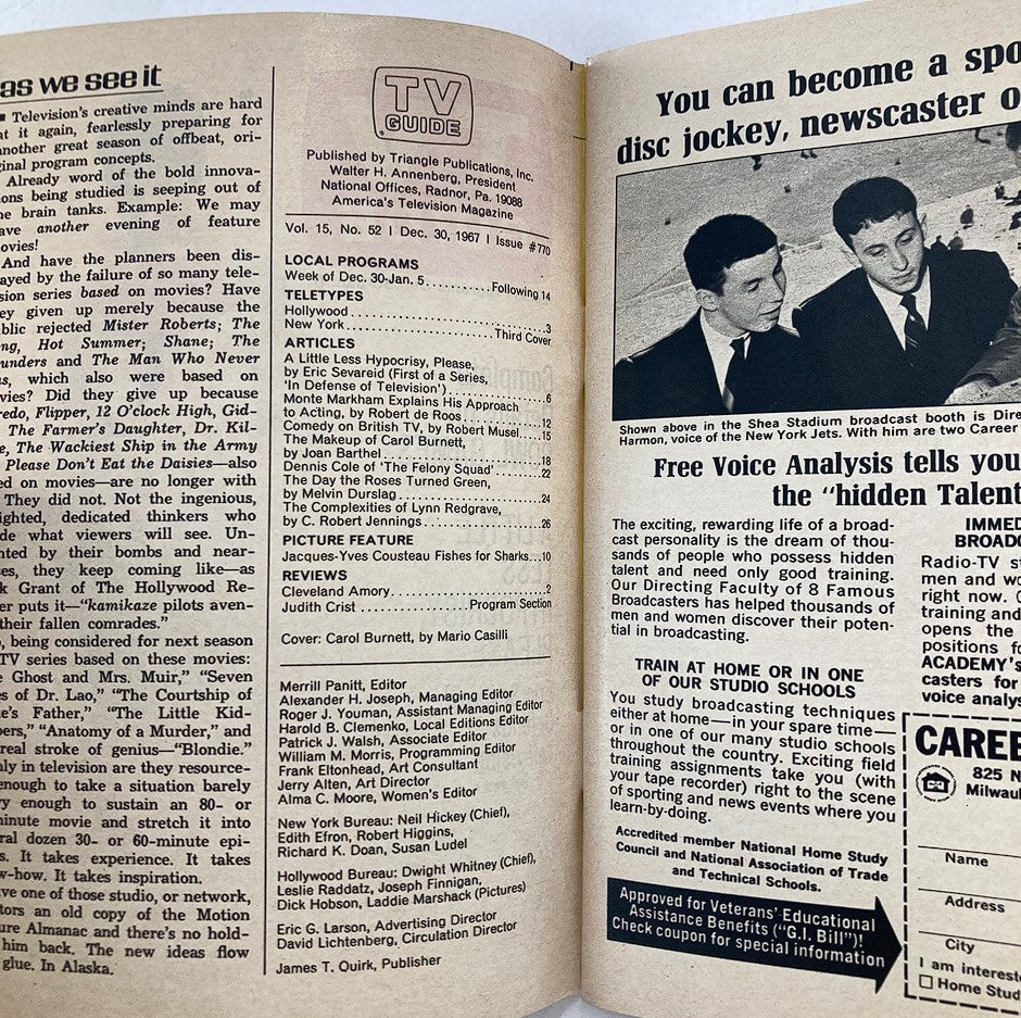 Interior page of the VTG TV Guide Magazine December 30 1967, displaying program listings and articles, providing insights into television shows and features from that era.