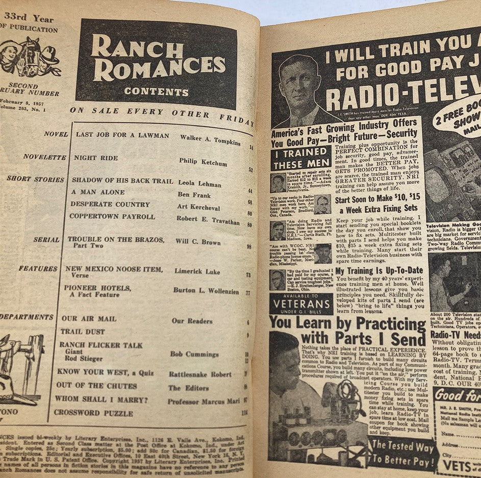 Interior page of VTG Ranch Romances Magazine February 8 1957 showcasing the table of contents including stories like 'Last Job For A Lawman' by Walker A. Tompkins and 'Night Ride' by Philip Ketchum, highlighting the magazine's rich collection of Western tales.
