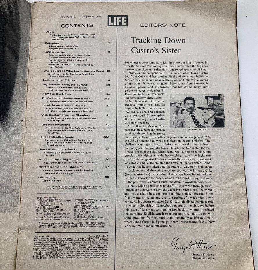 Contents page of VTG Life Magazine August 28 1964 Vol 57 #9 showcasing editorials and articles including features on The Beatles.