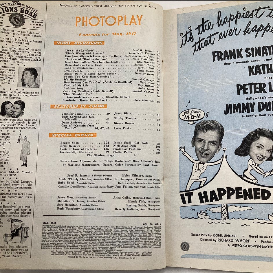 Inside page of VTG Photoplay Magazine May 1947 displaying contents and features of the issue, showcasing the vintage design and styling of the era.