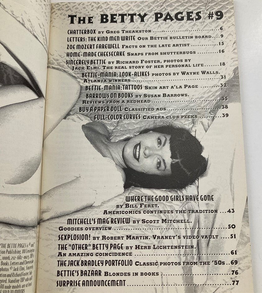 Interior page of the 1993 The Betty Pages No. 9 Adult Book Farewell Issue showcasing the table of contents with various article titles and author names.