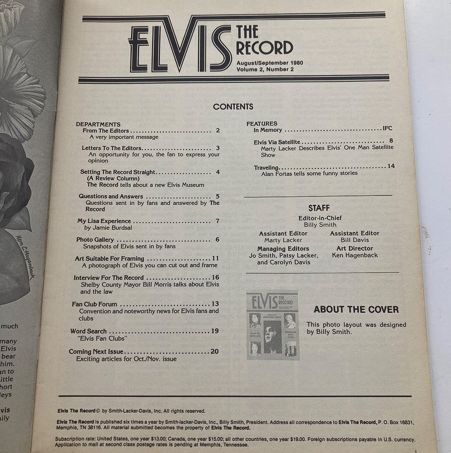 Table of contents from VTG The Record Magazine August 1980 Vol 2 #2, detailing articles such as 'Elvis Via Satellite' and 'Traveling with Elvis', along with editorial team information.