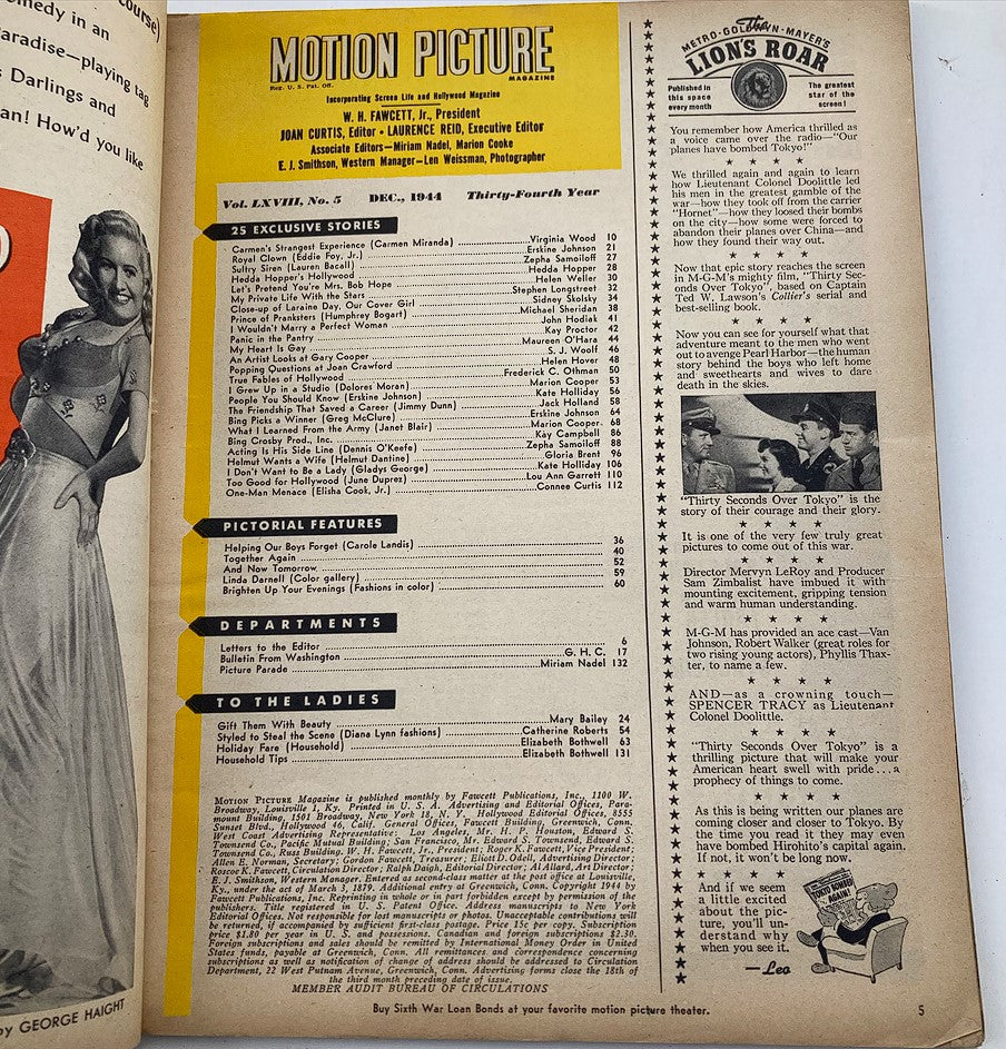 Vintage Motion Picture Magazine December 1944 Vol 68 #5 Laraine Day No Label