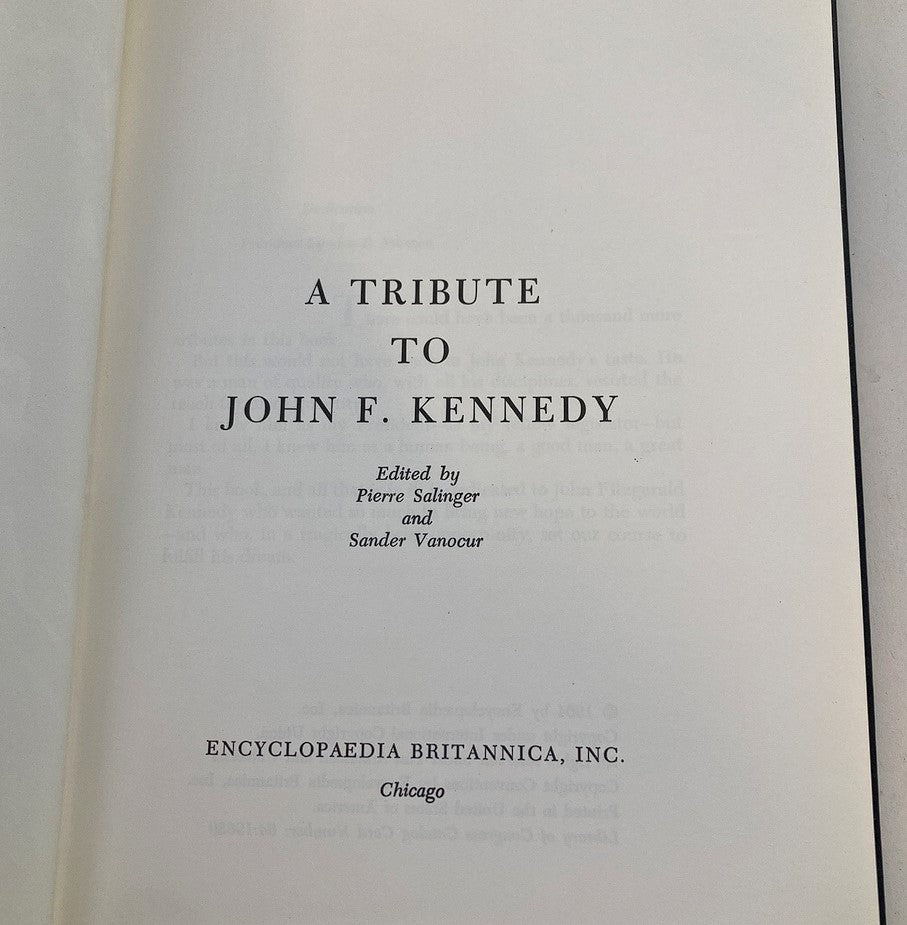 Interior page of VTG 1964 A Tribute To John F. Kennedy edited by Pierre Salinger and Sander Vanocur, showing title details.