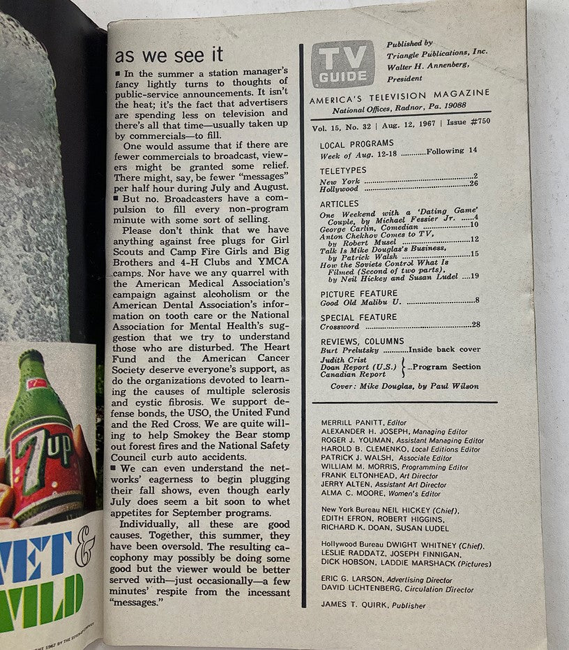 Inside page of the VTG TV Guide Magazine August 12 1967 Vol 15 #32, showcasing local program listings and articles including a special feature on Mike Douglas. A glimpse into the television culture of the 1960s.