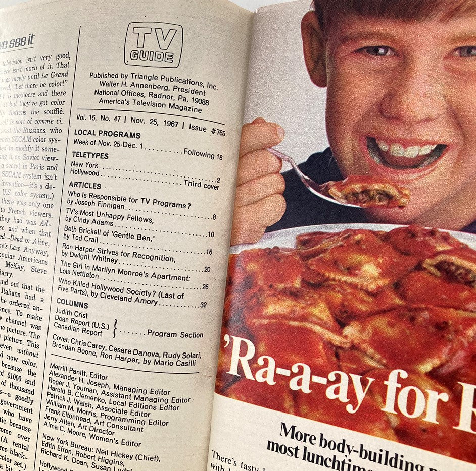 Inside page of TV Guide Magazine November 25 1967, issue #765, featuring an article list with a young boy enjoying a meal, reflecting the family-oriented content of 1960s television.