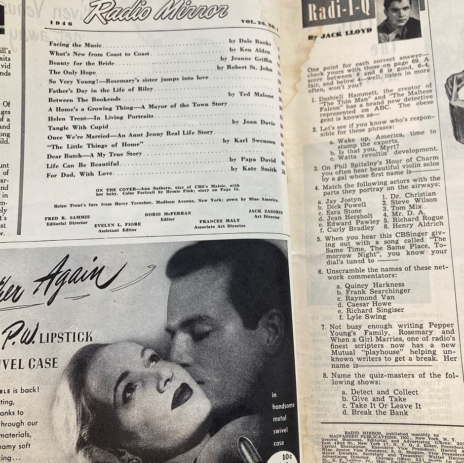 Inside page of VTG Radio Mirror Magazine June 1946 Vol 26 #1, displaying articles and advertisements from the era, highlighting post-war American entertainment.
