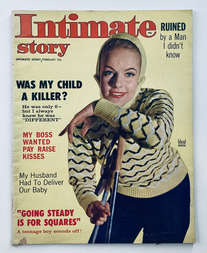 VTG Intimate Story Magazine February 1959 cover featuring bold headlines and a smiling woman with a distinctive hairstyle, illustrating the theme 'Going Steady for Squares'.