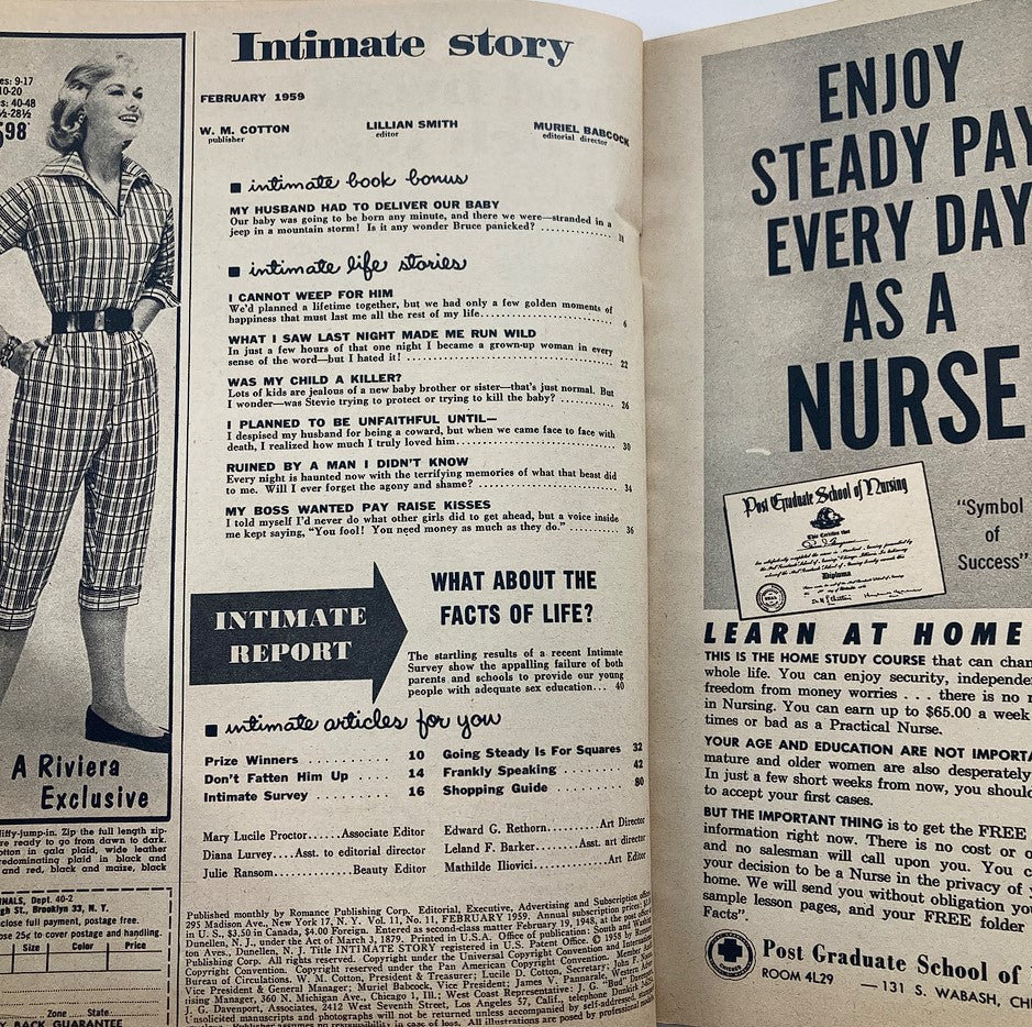 Interior page of the VTG Intimate Story Magazine February 1959 displaying articles and advertisements related to dating and life topics from the 1950s.
