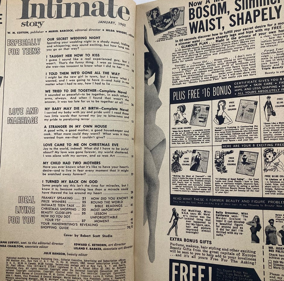 Interior page of VTG Intimate Story Magazine January 1962, highlighting articles including 'I Taught Her How To Kiss' and advertisements from the era.