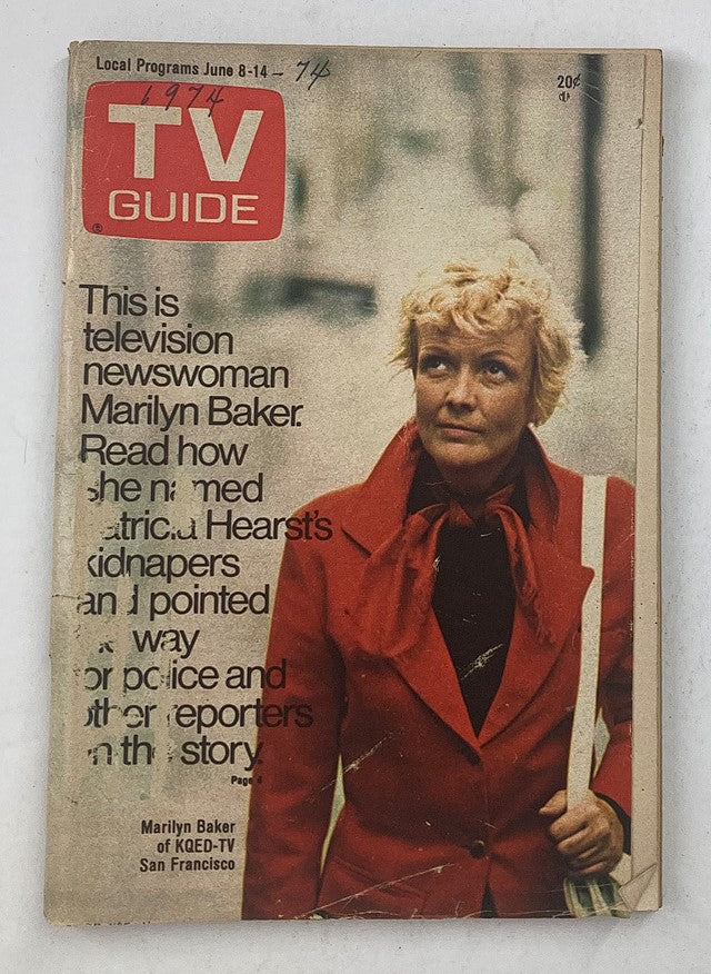 Cover of the TV Guide Magazine June 8, 1974 Issue #1106 featuring Marilyn Baker, a television newswoman, highlighting her story on Patricia Hearst's kidnappers. Vintage collectible magazine showcasing 1970s TV culture.