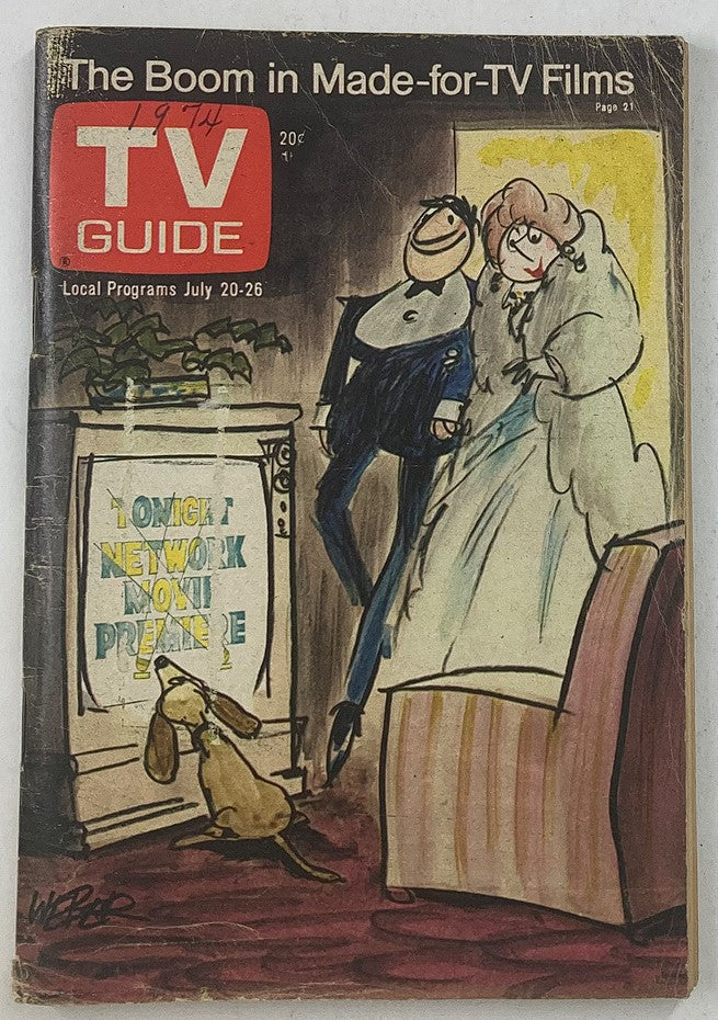 Cover of TV Guide Magazine dated July 20, 1974, featuring the headline 'The Boom in Made-for-TV Films,' with a colorful illustration of a couple in formal attire and a cartoon dog, representing the television culture of the 1970s.