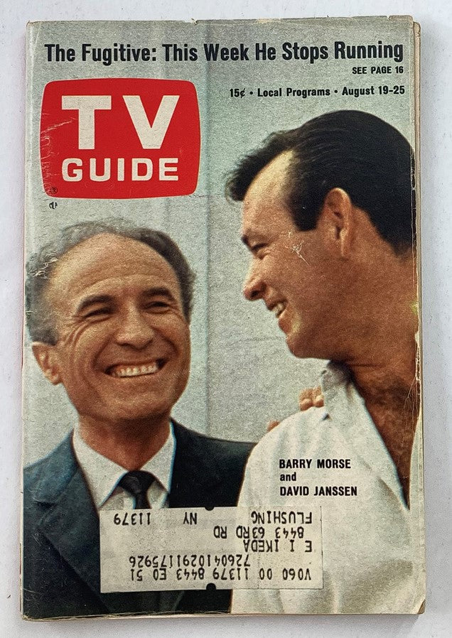 Cover of TV Guide Magazine August 19, 1967, issue #751 featuring Barry Morse and David Janssen. The magazine highlights 'The Fugitive: This Week He Stops Running' and showcases vibrant retro graphics.