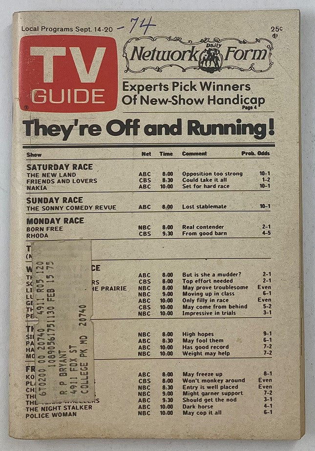 Cover of TV Guide Magazine September 14, 1974 Issue #1120, featuring program listings and nostalgic features of 1970s television entertainment.