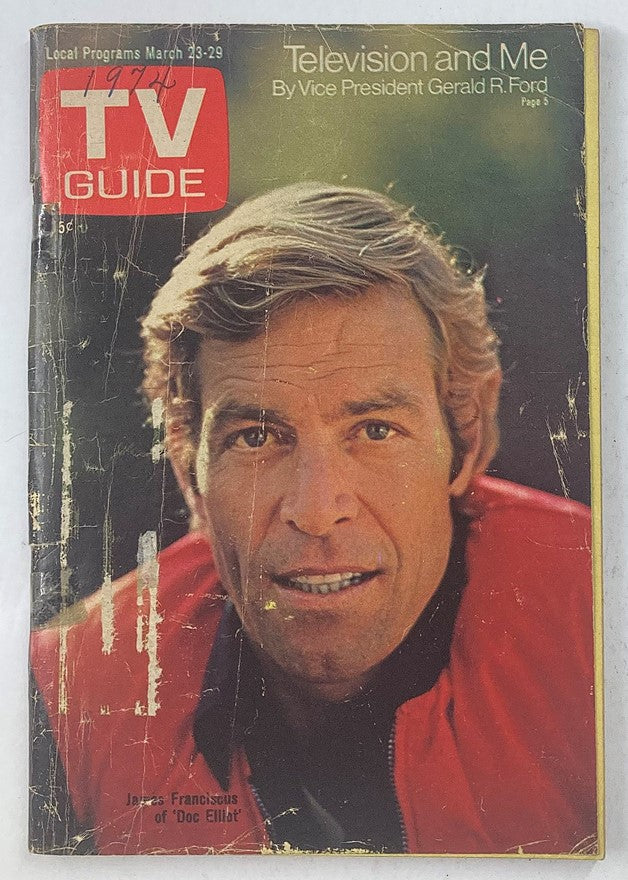 TV Guide Magazine March 23 1974 Issue #1095 featuring James Franciscus on the cover, showcasing vintage television nostalgia with an iconic image.