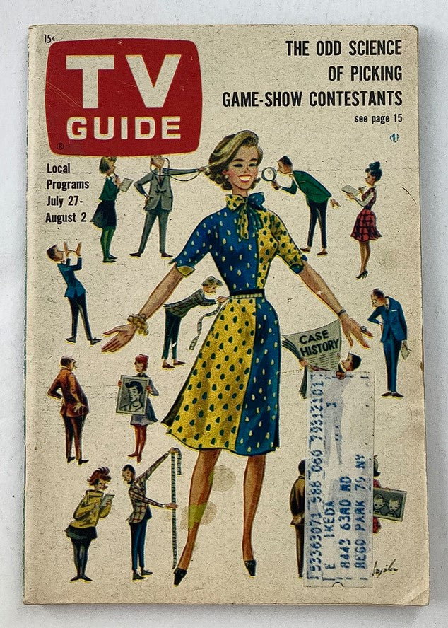 Cover of TV Guide Magazine July 27 1963 #539 featuring an illustration of game-show contestants with a stylish woman in a polka-dot dress, highlighting the theme of the odd science of selecting contestants.