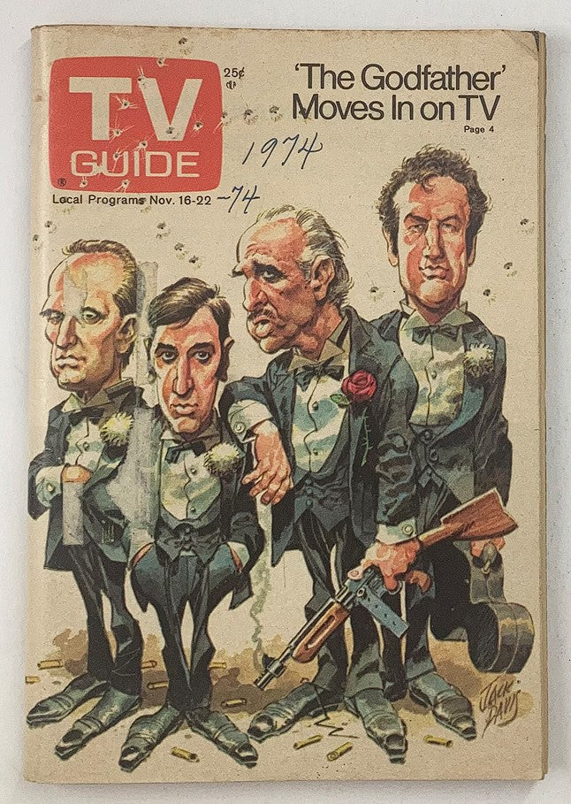 TV Guide Magazine November 16 1974 Issue #1129 featuring a caricature of characters from 'The Godfather'. The cover displays iconic movie figures dressed in tuxedos, emphasizing the film's influence on television programming during this period.