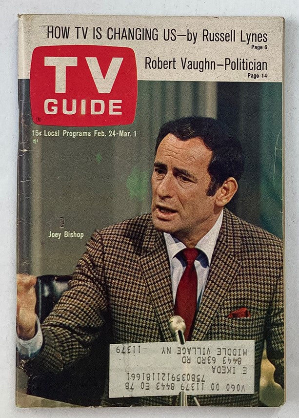Cover of TV Guide Magazine February 24, 1968 Issue #778 featuring Joey Bishop, showcasing an article about television's impact and a feature on Robert Vaughn.