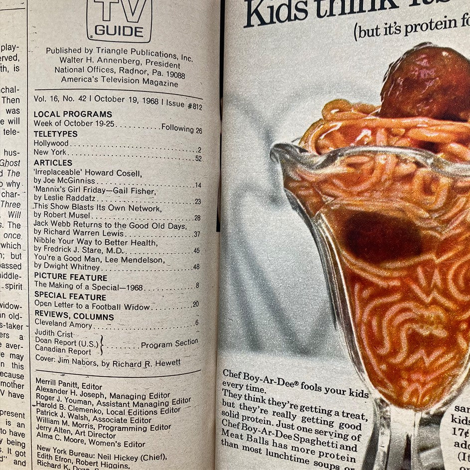 Interior page of TV Guide Magazine October 19, 1968 Issue #812 showing listings for local programs and articles, including features like 'Nibble Your Way to Better Health' and advertisements, reflecting the television culture of the 1960s.