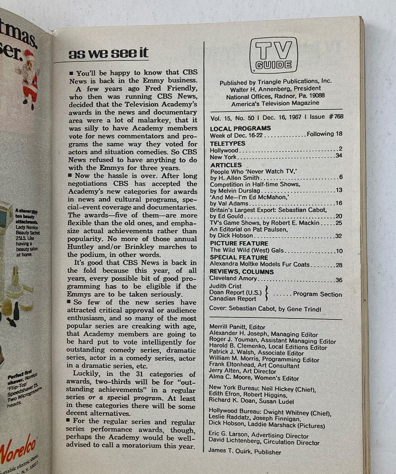 Interior page of the TV Guide Magazine December 16 1967 #768 featuring an editorial section discussing CBS News and the Emmy awards, highlighting the evolving television industry.