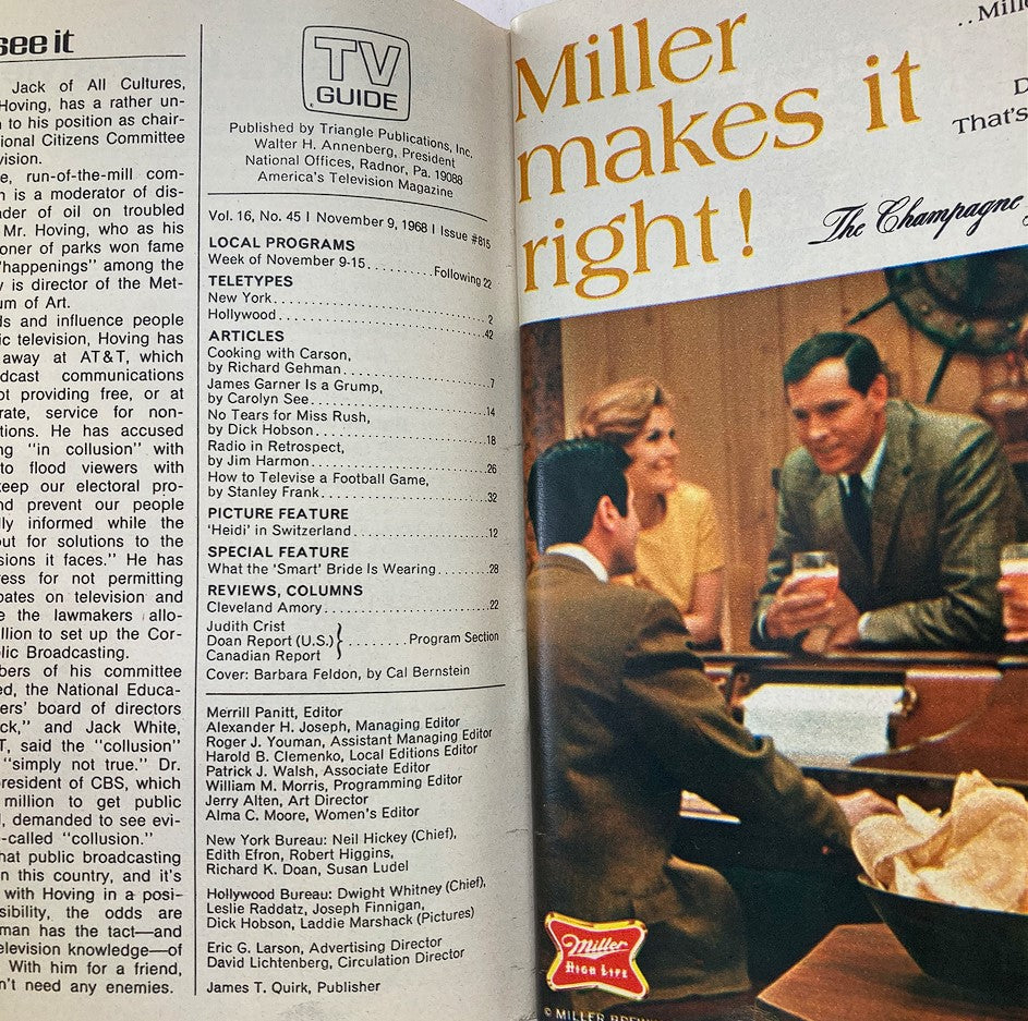 Interior page of the TV Guide Magazine November 9, 1968, issue number 815, showcasing articles and features, including 'Miller makes it right!' and a glimpse of the television programs of that era.
