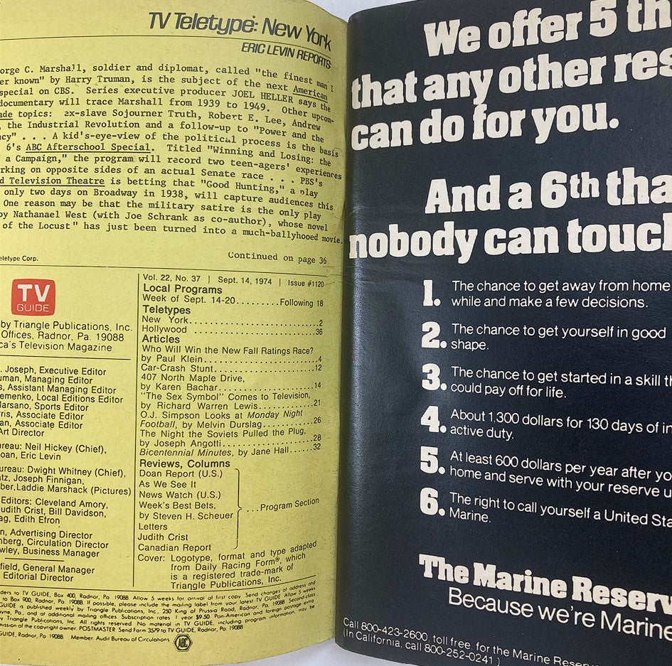 Inside pages of TV Guide Magazine September 14, 1974 Issue #1120 showcasing articles and television program details from the era.