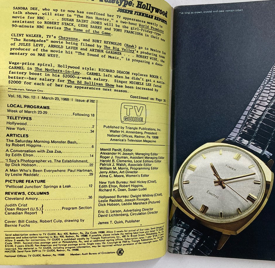 Interior page of TV Guide Magazine March 23 1968 #782, displaying articles, local program listings, and notable figures including Bill Cosby and Robert Culp.