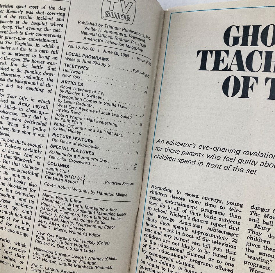 Interior page of TV Guide Magazine June 29 1968 Issue #796 featuring articles about television programs, including a cover story on Robert Wagner. It highlights local programs, features, and columns related to popular TV shows of the late 1960s.