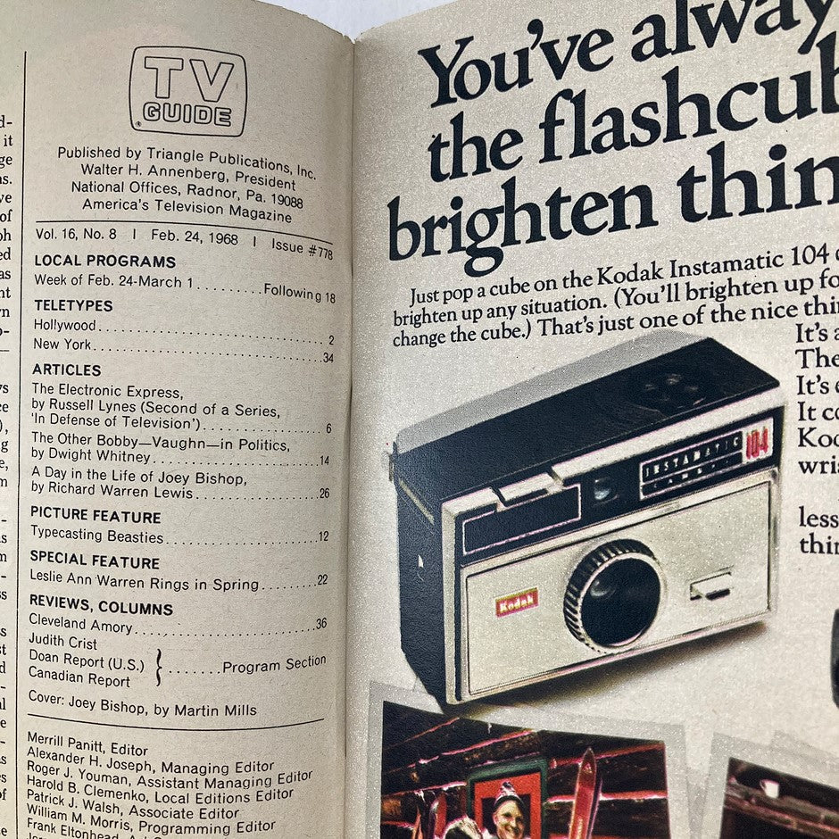 Inside page of TV Guide Magazine February 24, 1968 Issue #778 displaying the table of contents and articles including a piece about Joey Bishop and television history.