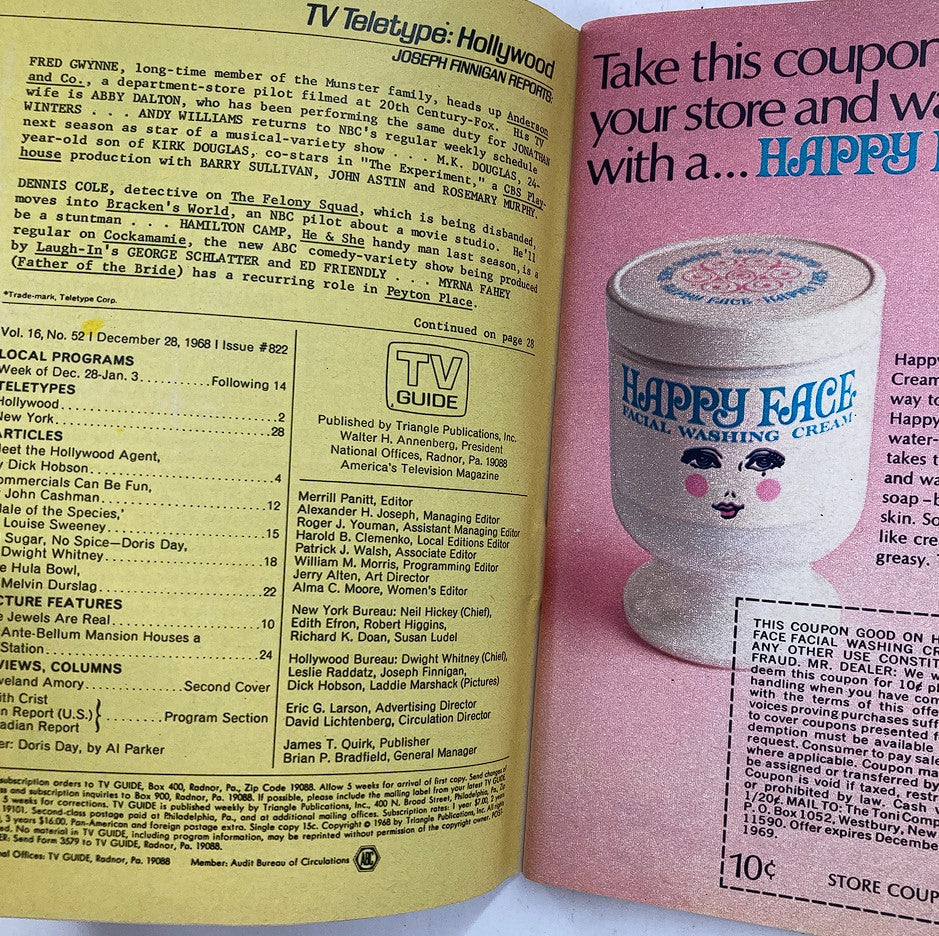 Interior page of TV Guide Magazine December 28, 1968 Issue #822, featuring TV listings, articles, and advertisements, reflecting the television programs and cultural context of the late 1960s.